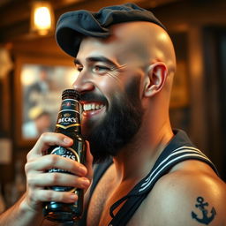 A close-up profile portrait of a bald drunken sailor with a black scruffy beard, wearing a slightly tilted weathered navy blue cap