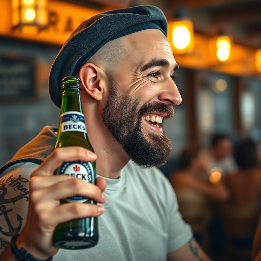 A close-up profile portrait of a bald drunken sailor with a black scruffy beard, wearing a slightly tilted weathered navy blue cap