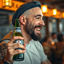 A close-up profile portrait of a bald drunken sailor with a black scruffy beard, wearing a slightly tilted weathered navy blue cap