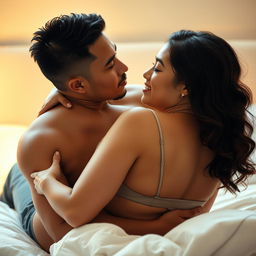 A romantic and intimate scene depicting a handsome 39-year-old Indonesian man with an athletic build and pure white skin, embracing a beautiful 28-year-old woman with a curvy and sexy body from behind