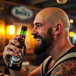 A close-up profile portrait of a bald drunken sailor with a black scruffy beard, his jaw slightly receded and a small nose
