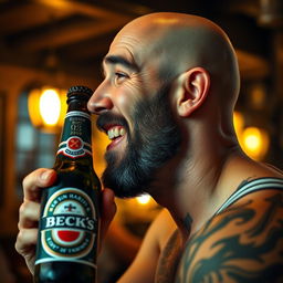 A close-up profile portrait of a bald drunken sailor with a black scruffy beard, his jaw slightly receded and a small nose