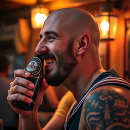 A close-up profile portrait of a bald drunken sailor with a black scruffy beard, his jaw slightly receded and a small nose