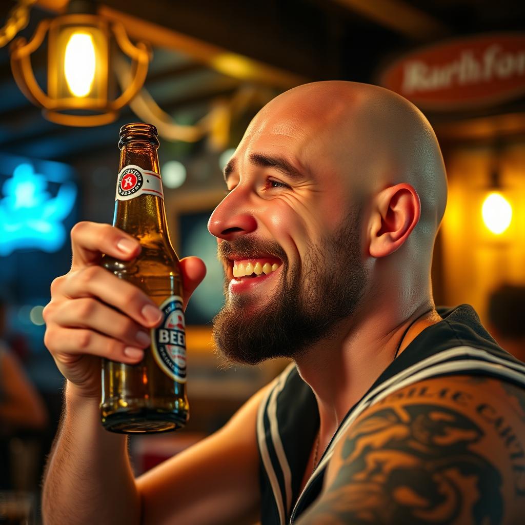 A close-up profile portrait of a bald drunken sailor with a black scruffy beard, his jaw slightly receded and a small nose