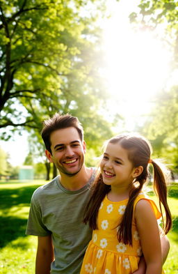 A portrait of a man and a girl enjoying a sunny day in a lush green park