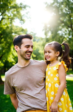 A portrait of a man and a girl enjoying a sunny day in a lush green park