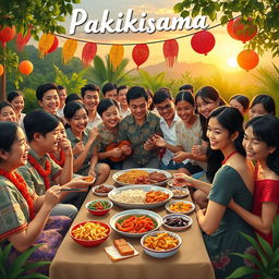 A vibrant and lively depiction of pakikisama culture, showcasing Filipino community spirit