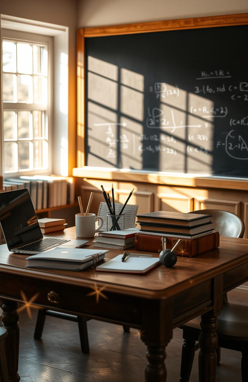 A professor's desk in a well-lit classroom, featuring a classic wooden desk adorned with books, a laptop, and stationery
