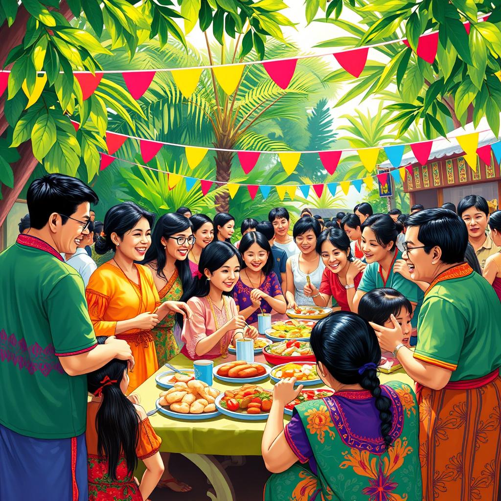 A vibrant and colorful depiction of Pakikisama culture, showcasing a festive gathering filled with people engaged in joyful conversation, laughter, and traditional Filipino activities such as sharing food and games