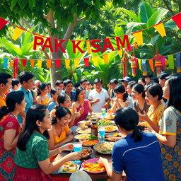 A vibrant and colorful depiction of Pakikisama culture, showcasing a festive gathering filled with people engaged in joyful conversation, laughter, and traditional Filipino activities such as sharing food and games