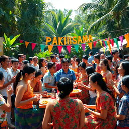 A vibrant and colorful depiction of Pakikisama culture, showcasing a festive gathering filled with people engaged in joyful conversation, laughter, and traditional Filipino activities such as sharing food and games