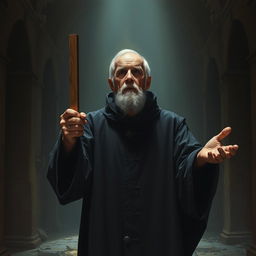 An old male exorcist stands in a dimly lit, ruined chapel
