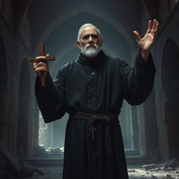 An old male exorcist stands in a dimly lit, ruined chapel