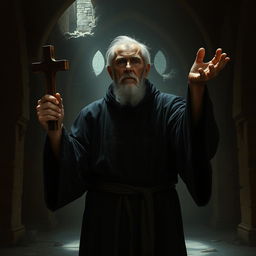 An old male exorcist stands in a dimly lit, ruined chapel
