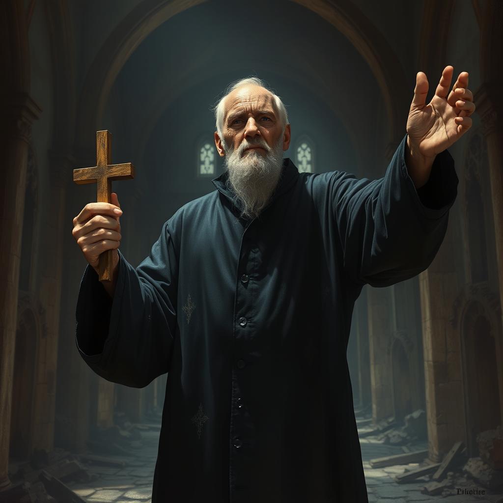 An old male exorcist stands in a dimly lit, ruined chapel