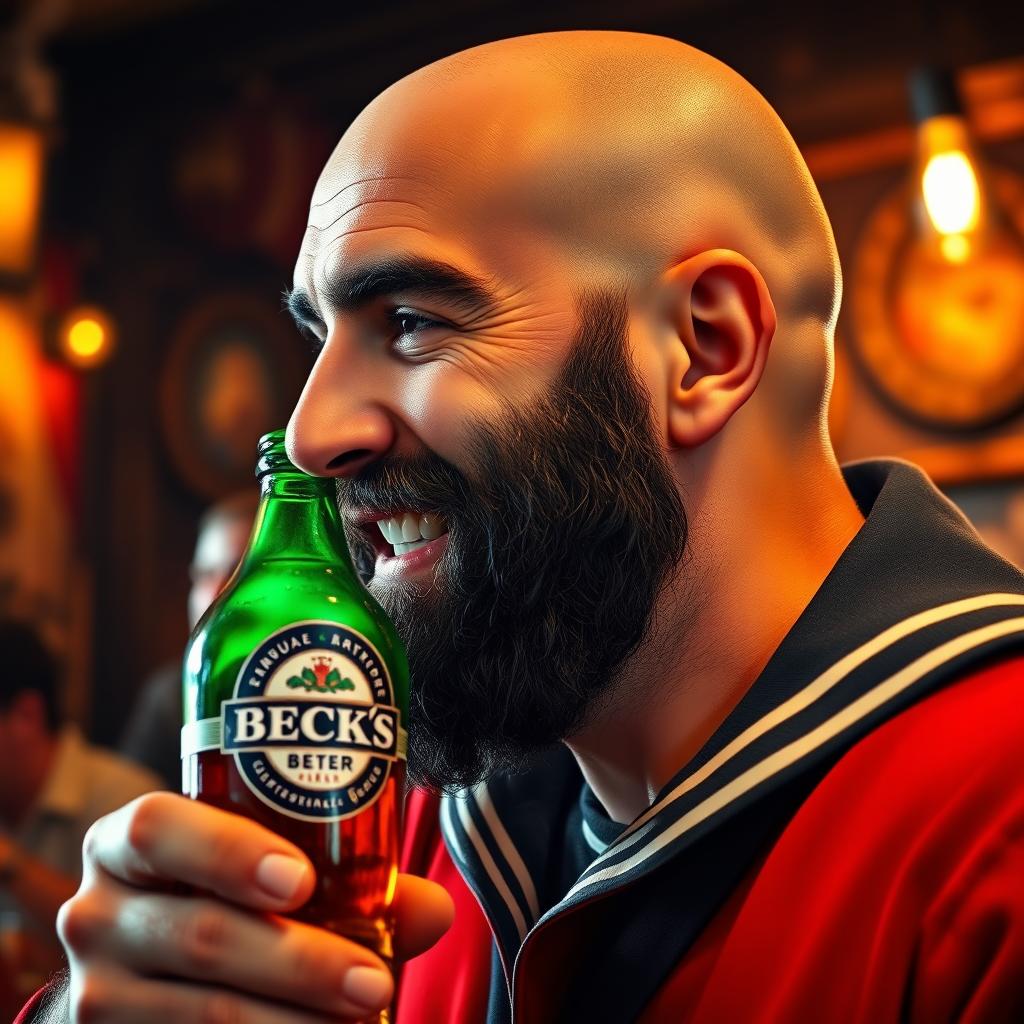 A profile picture of a drunken sailor, happily holding a Beck's beer in his hand