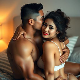 An intimate and romantic scene depicting a handsome 39-year-old Indonesian man with an athletic body and pure white skin, affectionately hugging a beautiful 28-year-old woman with a sturdy and sexy physique from behind