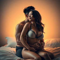 An intimate and romantic scene depicting a handsome 39-year-old Indonesian man with an athletic body and pure white skin, affectionately hugging a beautiful 28-year-old woman with a sturdy and sexy physique from behind