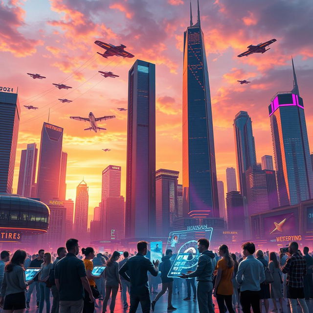 A dynamic scene showcasing a futuristic city skyline at sunset with sleek, towering skyscrapers made of glass and steel, vibrant neon lights illuminating the buildings, and flying vehicles zipping through the sky