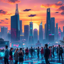 A dynamic scene showcasing a futuristic city skyline at sunset with sleek, towering skyscrapers made of glass and steel, vibrant neon lights illuminating the buildings, and flying vehicles zipping through the sky