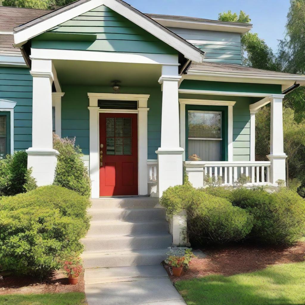 The front facade of a charming and welcoming house with well-maintained front yard, lush greenery, and a warm, welcoming front porch under a clear, blue sky.