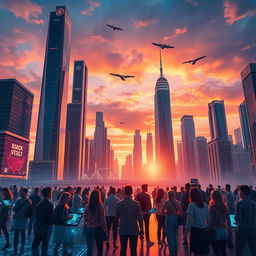 A dynamic scene showcasing a futuristic city skyline at sunset with sleek, towering skyscrapers made of glass and steel, vibrant neon lights illuminating the buildings, and flying vehicles zipping through the sky