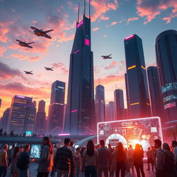 A dynamic scene showcasing a futuristic city skyline at sunset with sleek, towering skyscrapers made of glass and steel, vibrant neon lights illuminating the buildings, and flying vehicles zipping through the sky