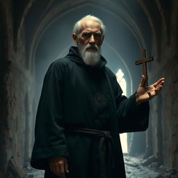 An old male exorcist stands in a dimly lit, ruined chapel