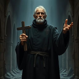 An old male exorcist stands in a dimly lit, ruined chapel