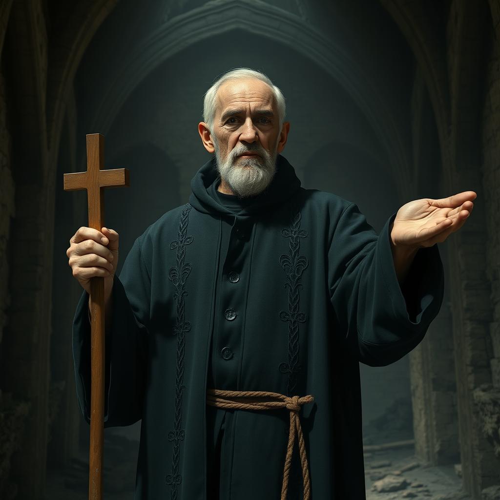 An old male exorcist stands in a dimly lit, ruined chapel