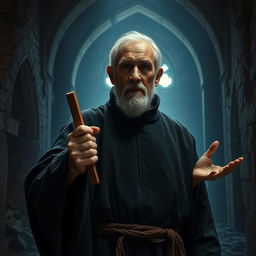 An old male exorcist stands in a dimly lit, ruined chapel