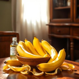 A beautifully arranged still life composition featuring a bowl of ripe bananas, specifically the hybrid variety Musa Acuminata X Balbisiana