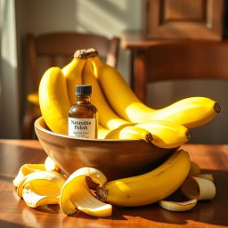 A beautifully arranged still life composition featuring a bowl of ripe bananas, specifically the hybrid variety Musa Acuminata X Balbisiana