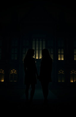A shadowy silhouette of two women holding hands, set against the backdrop of a grand university building