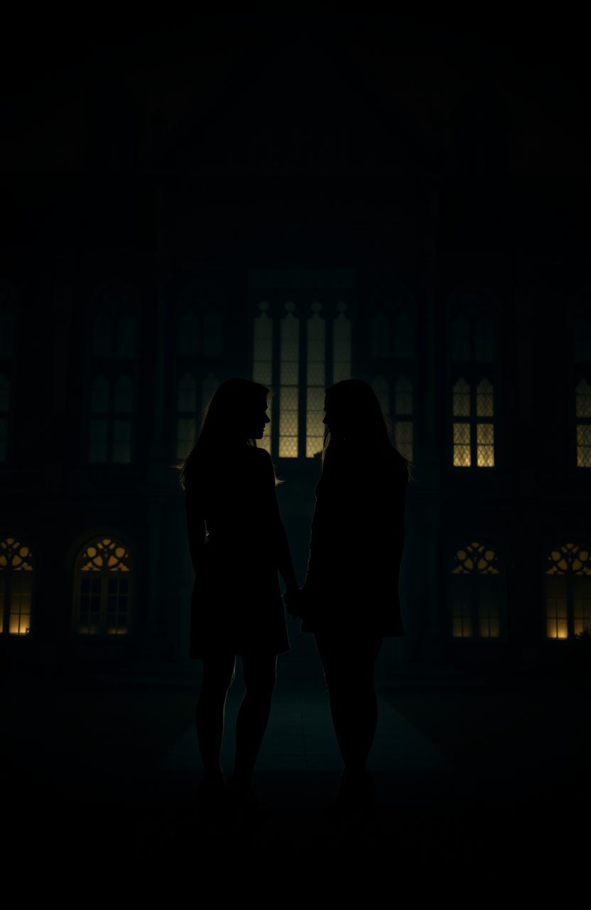 A shadowy silhouette of two women holding hands, set against the backdrop of a grand university building