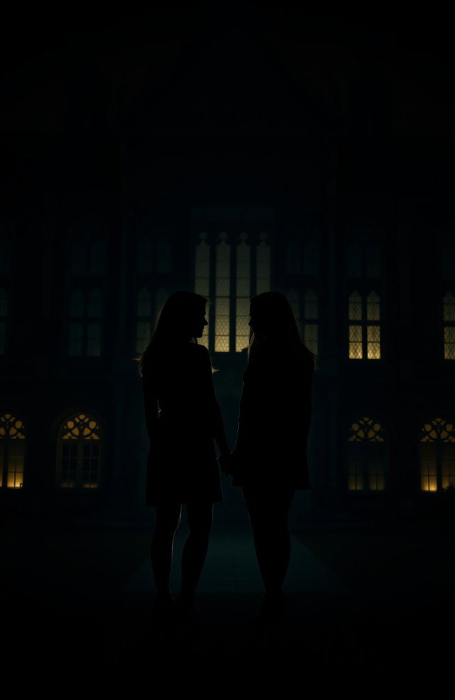 A shadowy silhouette of two women holding hands, set against the backdrop of a grand university building