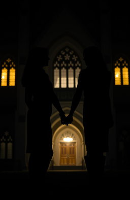 A shadowy silhouette of two women holding hands, set against the backdrop of a grand university building