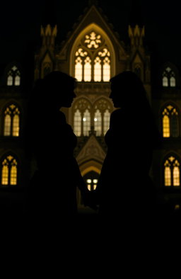 A shadowy silhouette of two women holding hands, set against the backdrop of a grand university building
