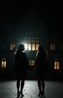 A shadowy silhouette of two women holding hands, set against the backdrop of a grand university building