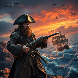 A fierce pirate warrior standing on a rocky cliff overlooking a stormy sea, wearing a tattered tri-corner hat, a long leather coat adorned with gold trinkets, and wielding a cutlass in one hand and a flintlock pistol in the other