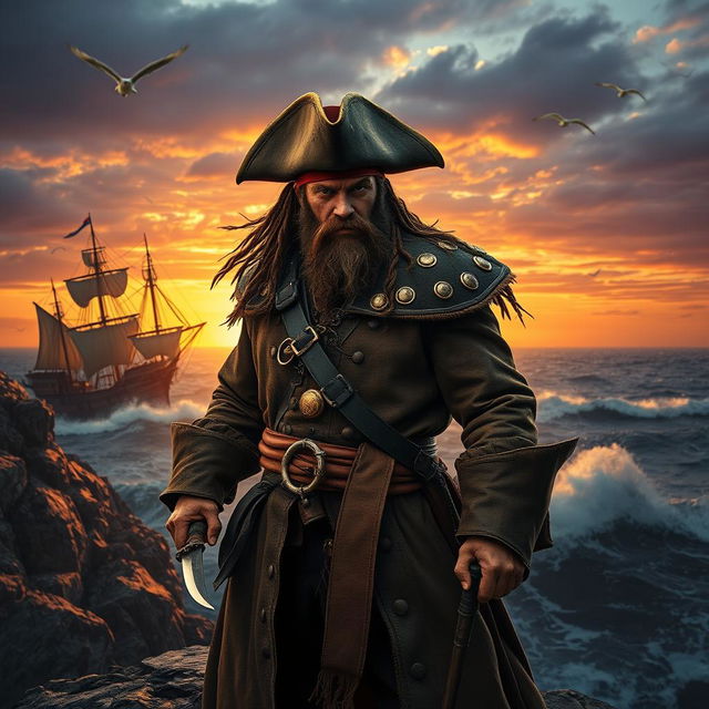 A fierce pirate warrior standing on a rocky cliff overlooking a stormy sea, wearing a tattered tri-corner hat, a long leather coat adorned with gold trinkets, and wielding a cutlass in one hand and a flintlock pistol in the other