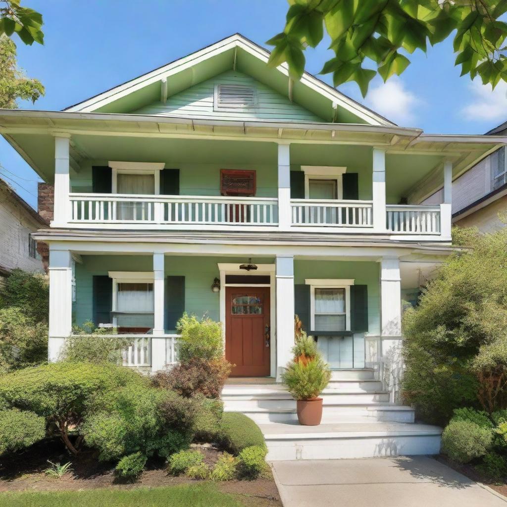 The front facade of a charming and welcoming house with well-maintained front yard, lush greenery, and a warm, welcoming front porch under a clear, blue sky.