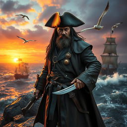 A fierce pirate warrior standing on a rocky cliff overlooking a stormy sea, wearing a tattered tri-corner hat, a long leather coat adorned with gold trinkets, and wielding a cutlass in one hand and a flintlock pistol in the other