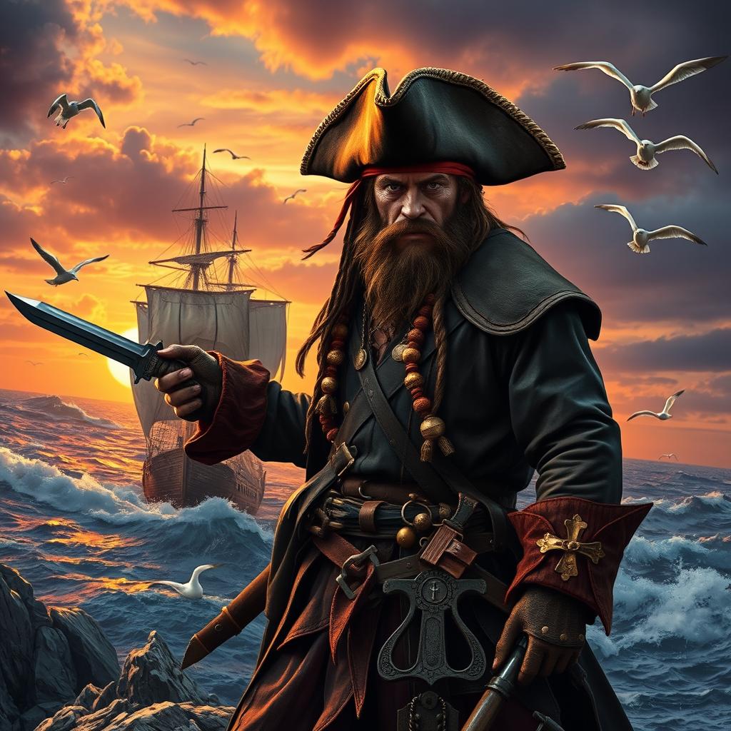 A fierce pirate warrior standing on a rocky cliff overlooking a stormy sea, wearing a tattered tri-corner hat, a long leather coat adorned with gold trinkets, and wielding a cutlass in one hand and a flintlock pistol in the other