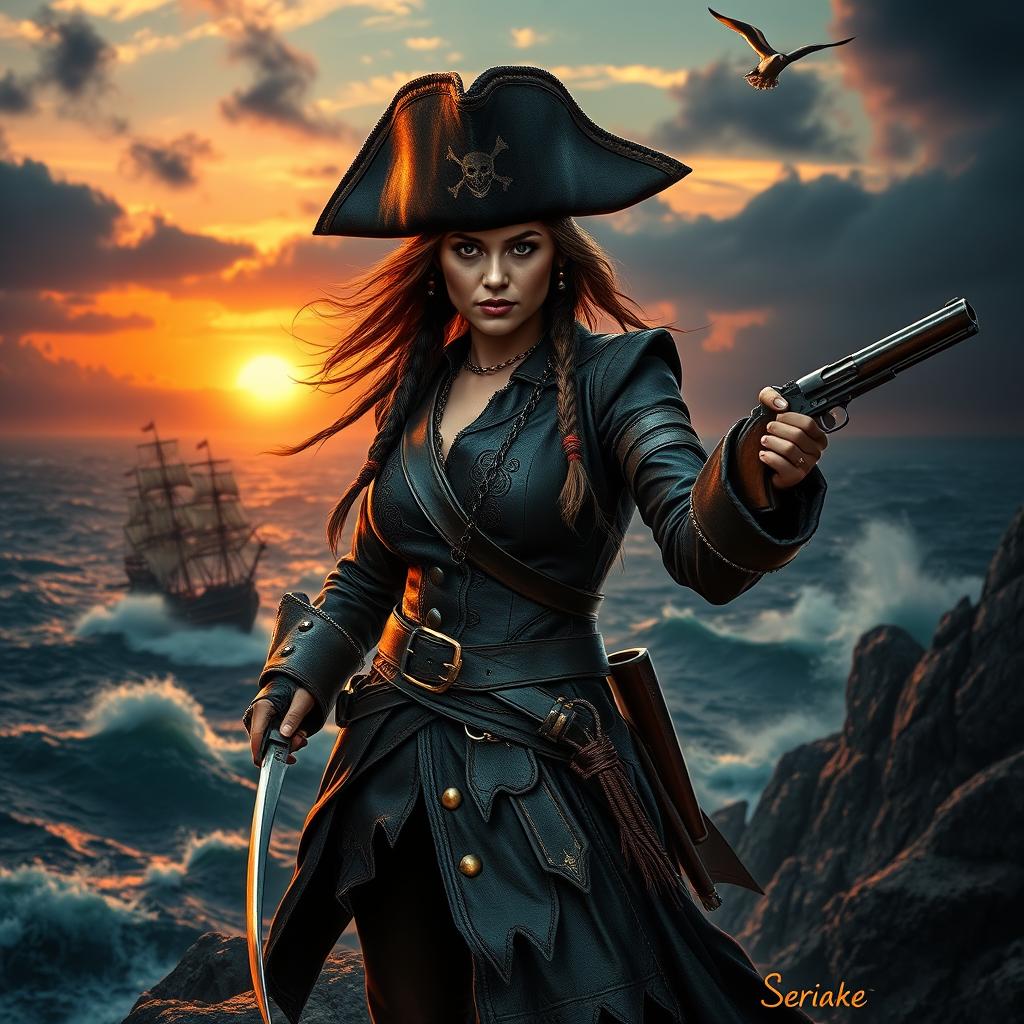 A fierce female pirate warrior standing confidently on a rocky cliff overlooking a stormy sea, wearing a tattered tri-corner hat, a fitted leather coat embellished with intricate designs, and wielding a cutlass in one hand and a flintlock pistol in the other