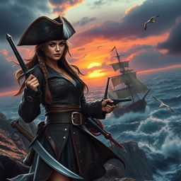 A fierce female pirate warrior standing confidently on a rocky cliff overlooking a stormy sea, wearing a tattered tri-corner hat, a fitted leather coat embellished with intricate designs, and wielding a cutlass in one hand and a flintlock pistol in the other