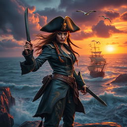 A fierce female pirate warrior standing confidently on a rocky cliff overlooking a stormy sea, wearing a tattered tri-corner hat, a fitted leather coat embellished with intricate designs, and wielding a cutlass in one hand and a flintlock pistol in the other