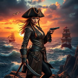 A fierce female pirate warrior standing confidently on a rocky cliff overlooking a stormy sea, wearing a tattered tri-corner hat, a fitted leather coat embellished with intricate designs, and wielding a cutlass in one hand and a flintlock pistol in the other