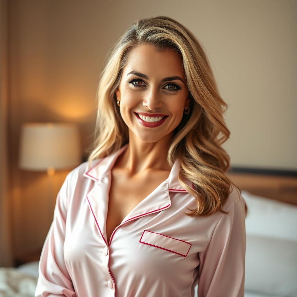 A beautiful 40-year-old woman dressed in an elegant and stylish pajama set, looking directly at the camera with a flirtatious and provocative smile