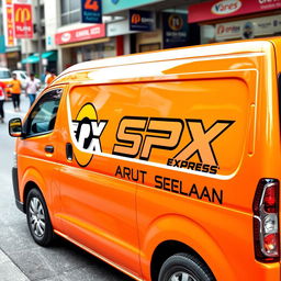 A striking orange mini blind van featuring the logo "SPX EXPRESS ARUT SELATAN" prominently displayed on its side